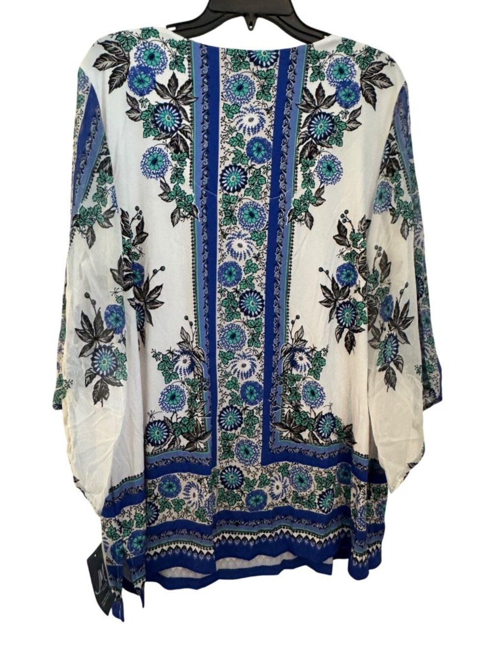 JM Collection Womens 1X White Blue & Green Floral Print Sheer Sleeve Top